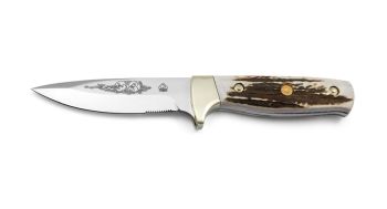 Puma Merlin K (Hunting Motif Deep Etched) Stag Handle German Made Hunting Knife with Leather Sheath