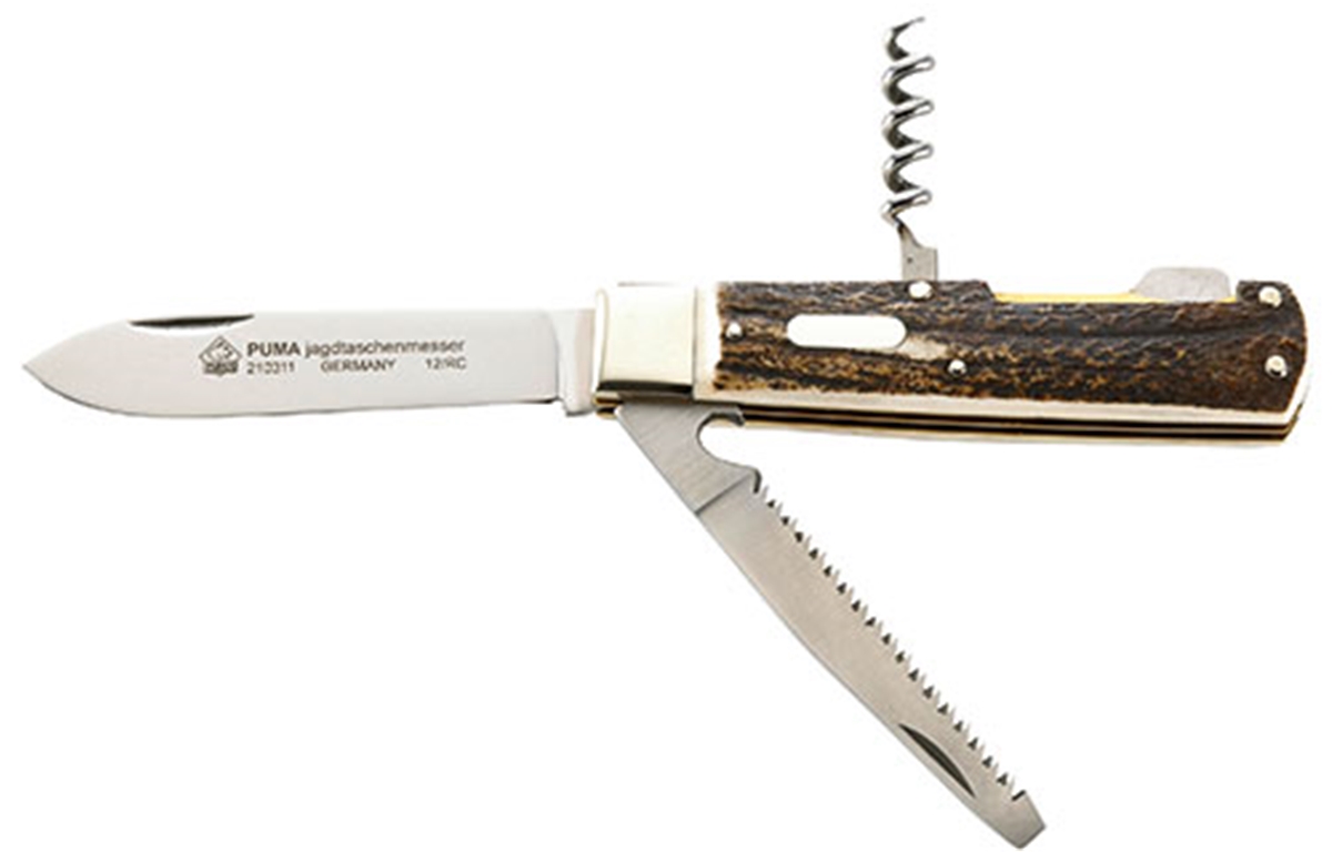 Puma Jagdtaschenmesser Stag German 3-Tool Folding Hunting Knife - Special Order Please Allow 24+ Weeks for Delivery