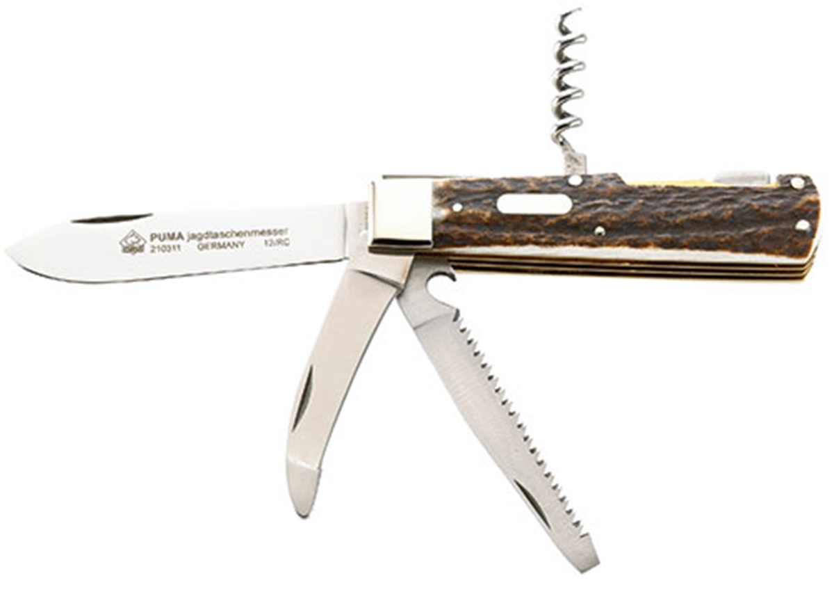 Puma Jagdtaschenmesser Stag Horn German Made Hunting Folder with Blade, Saw, Gutting Blade and Cork Screw - Special Order Please Allow 24 + Weeks for Delivery