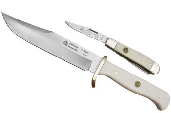 Puma SGB Bowie / Trapper Smooth White Bone Outdoorsman Combo  with Leather Sheath (2 Knife Set)