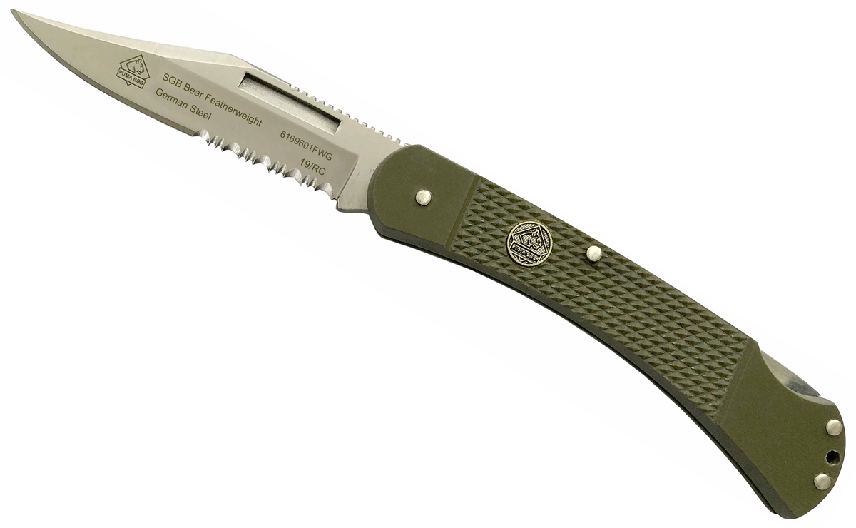 Puma SGB Bear Featherweight OD Green G10 Folding Pocket Knife with Serrated Blade