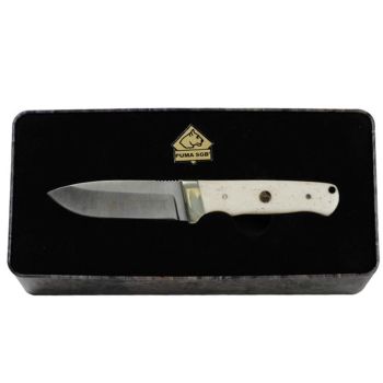 Puma SGB Mule Deer Hunter Smooth White Bone Hunting Knife with Leather Sheath Gift Tin