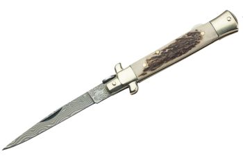 HCKT Stiletto Stag 3.5" Damascus Steel Lockback Blade