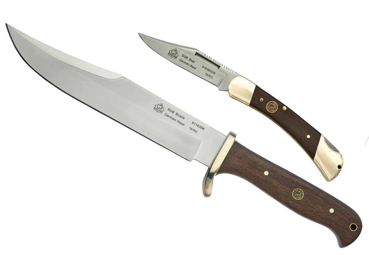 Puma SGB Bowie / Bear Jacaranda Wood Outdoorsman Combo  with Leather Sheath (2 Knife Set)