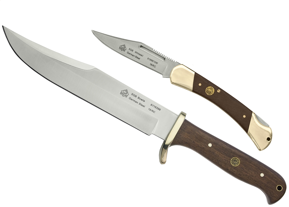 Puma SGB Bowie / Whitetail Jacaranda Wood Outdoorsman Combo with Leather Sheath (2 Knife Set)