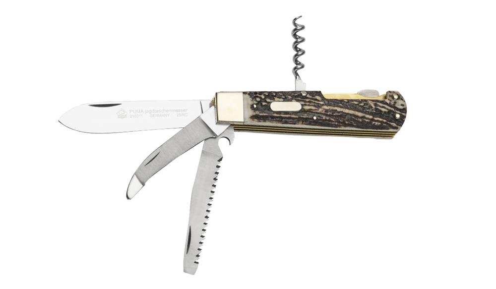 Puma Jagdtaschenmesser Stag Horn German Made Hunting Folder with Blade, Saw, Gutting Blade and Cork Screw
